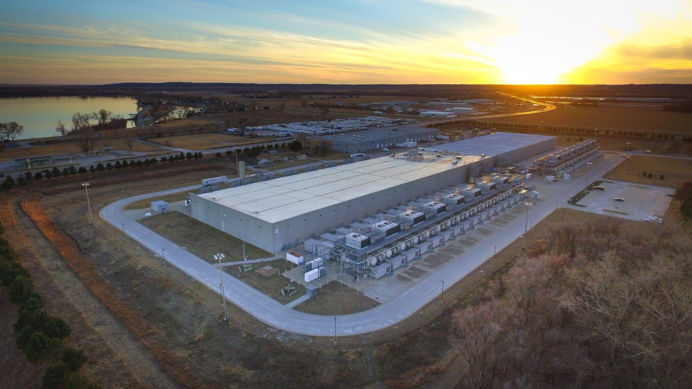 Wide aerial view of a hyperscale data center campus