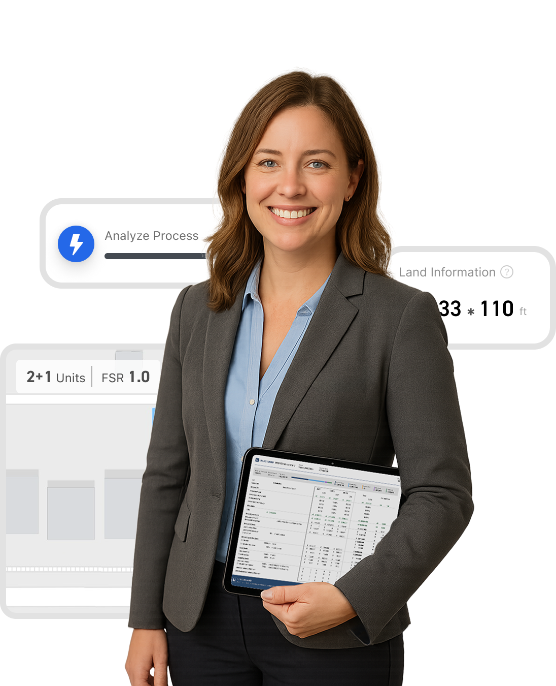 A real estate agent holding a tablet with a property report on it.